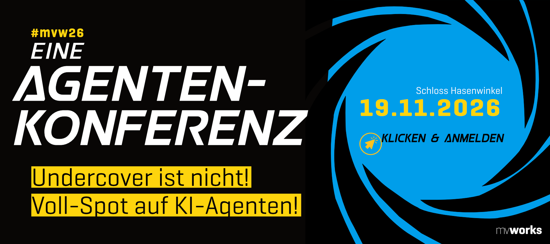 Grafik für eine Agenten-Konferenz im Schloss Hasenwinkel am 19. November 2026 mit dem Titel '#mvw26'.